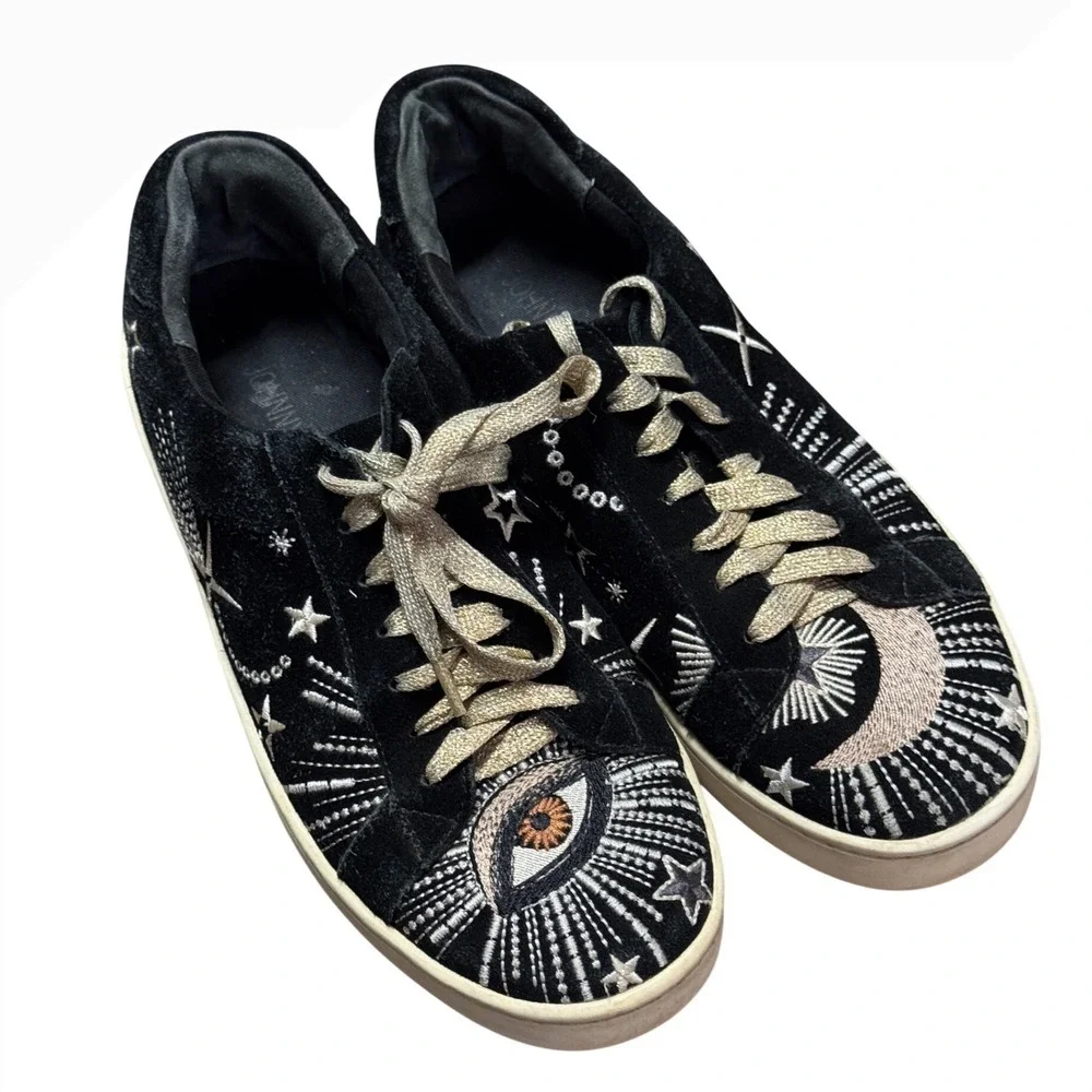 Johnny Was Black Suede Celestial Embroidered Sneakers Evil Eye Womens 7